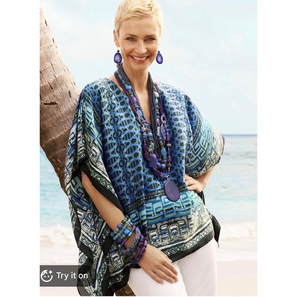 Chico's Blue Batik Print Kaftan Tunic Top V-Neck poncho shall artsy art to wear - Picture 2 of 5